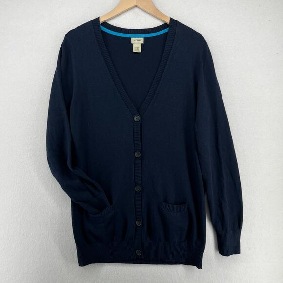 LL BEAN Sweater Womens L Cotton Cashmere Button Front Jumper Cardigan Blue - Picture 1 of 14
